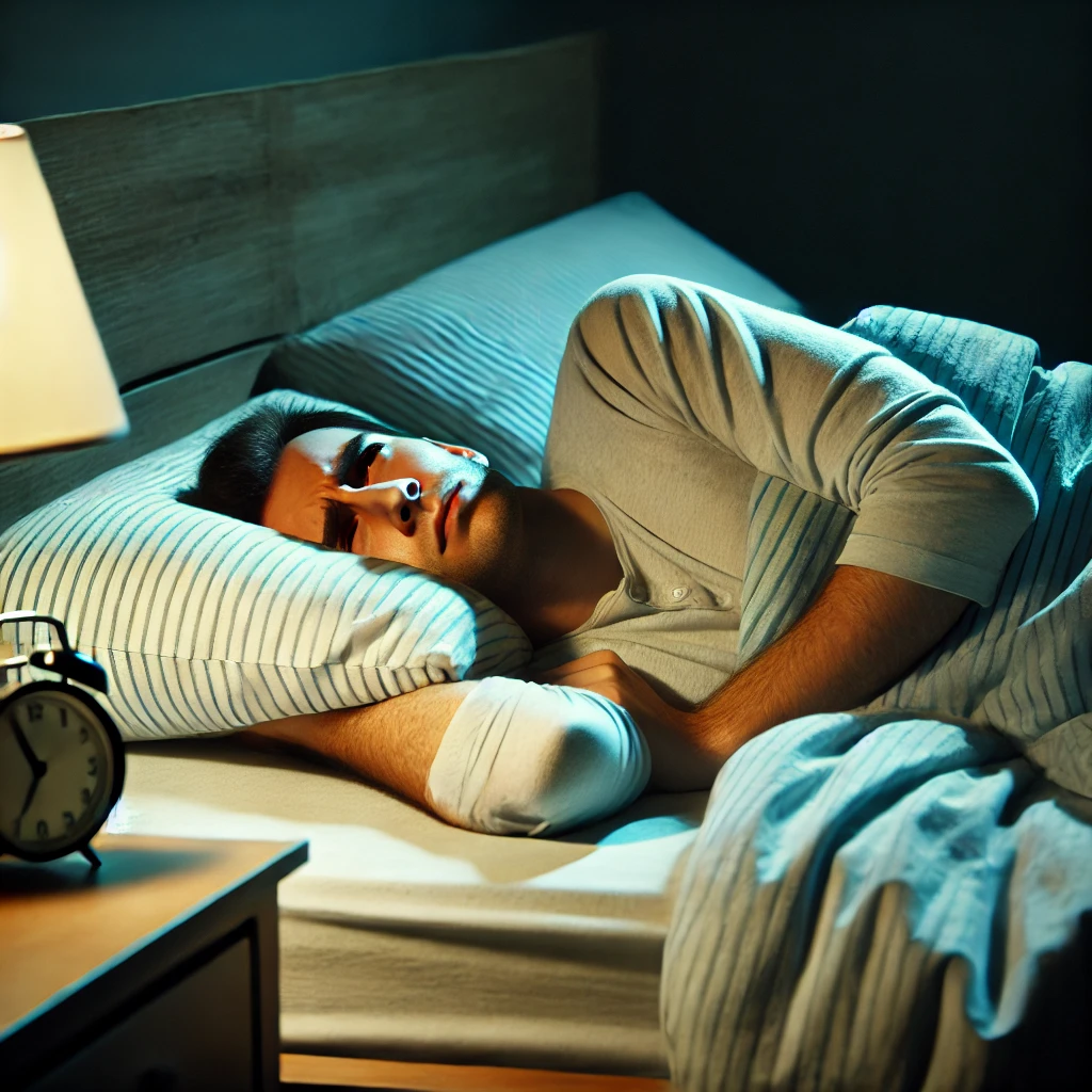 A person lying in bed, tossing and turning with a frustrated expression, struggling to fall asleep. The room is dimly lit by a bedside lamp, with simple bedding and a calm yet slightly restless atmosphere.